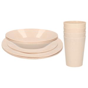 Setje van 12x diner/ontbijt bekers/3 soorten bordjes van afbreekbaar bio-plastic in het eco-beige