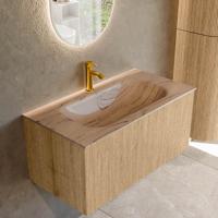Badmeubel Mondiaz Kurve-Dlux | 90 cm | Meubelkleur Oak | Wastafelkleur Arena | Solid surface | Wasbak midden spoelbak | 1 kraangat