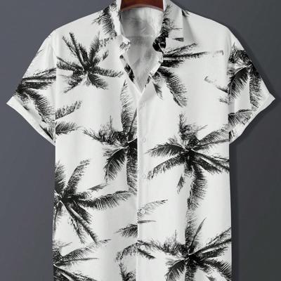 Bon&Bon Men's Tropical Plant Print Short Sleeve Boho Button Up Shirt Black and White / S