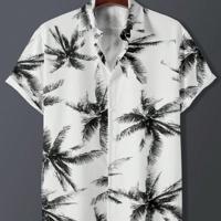 Bon&Bon Men's Tropical Plant Print Short Sleeve Boho Button Up Shirt Black and White / S