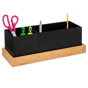 Pennenbakje/bureau organizer - zwart - 29 x 11 x 11 cm - bamboe hout   -