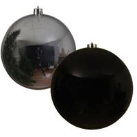 2x stuks grote kerstballen van 20 cm glans van kunststof zwart en zilver - Kerstbal - thumbnail