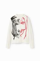Geribd T-shirt met gezicht - WHITE - XXL
