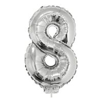 Zilveren opblaas cijfer ballon 8 op stokje 41 cm Zilveren opblaas cijfer ballon 8 op stokje 41 cm