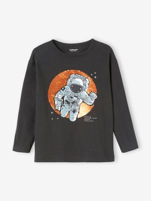 T-shirt voor jongens met astronautenthema en dubbelzijdige lovertjes antracietgrijs