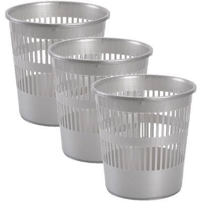 3x stuks afvalbakken/vuilnisbakken/kantoorprullenbakken plastic zilver/grijs 28 cm