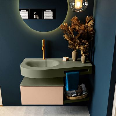 MONDIAZ RIVA 100cm badmeubel onderkast / planchet kleur Rosee met 1 lade. Wastafel DULCET links 1 kraangat kleur Army.