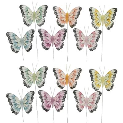 Decoris decoratie vlinders - op draad - gekleurd mix - 12x stuks - 8 cm - Lente - Zomer - versiering