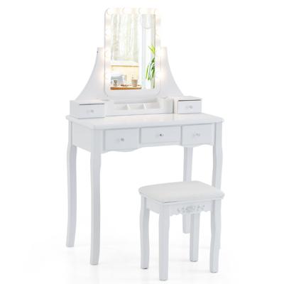 Make-Uptafel met Verlichte Spiegel Kaptafel met Verlichting 3 Kleurstanden Instelbare Helderheid 5 Laden en Zacht Gestoffeerd Krukje Wit