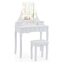 Make-Uptafel met Verlichte Spiegel Kaptafel met Verlichting 3 Kleurstanden Instelbare Helderheid 5 Laden en Zacht Gestoffeerd Krukje Wit