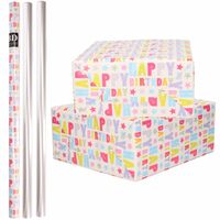 4x Rollen kraft inpakpapier happy birthday pakket - transparante folie 200 x 70 cm - Cadeaupapier - thumbnail