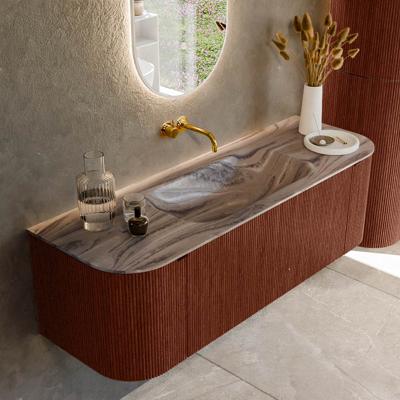 Badmeubel Mondiaz Kurve-Dlux | 140 cm | Meubelkleur Ruby | Wastafelkleur Sombra | Solid surface | Wasbak midden spoelbak | Zonder kraangat(en)