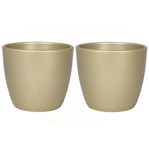 2x stuks kleine bloempot/plantenpot van keramiek in het parelgoud D10.5 en H8.5 cm