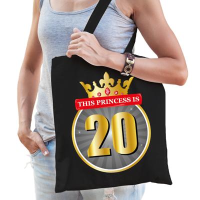 This princess is 20 - verjaardag cadeau tasje - zwart - voor dames - shopper - 10 liter
