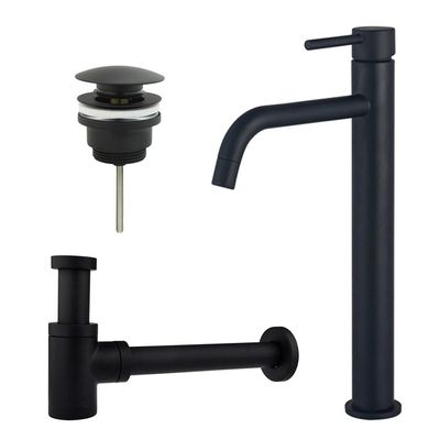 Fortifura Calvi Slim Wastafelkraanset - verhoogde wastafelkraan - klikwaste plug - verlaagde design sifon - Mat zwart SW377836/SW696199/SW696215