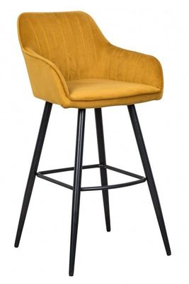 Elegante barkruk TURIN mosterdgeel fluweel met decoratieve doorgestikte barstoel met armleuning - 40437