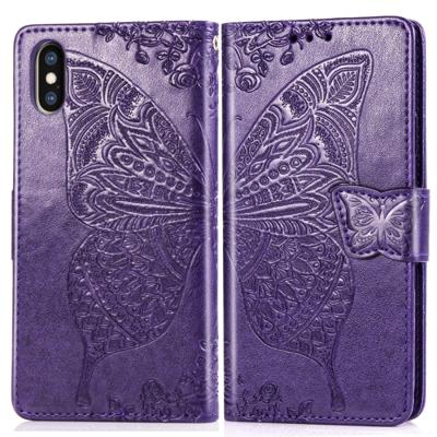 Butterfly Love bloemen reliëf horizontale Flip lederen case voor iPhone X met houder & kaartsleuven & portemonnee & Lanyard (donker paars)