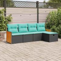 5-delige Loungeset met kussens poly rattan zwart