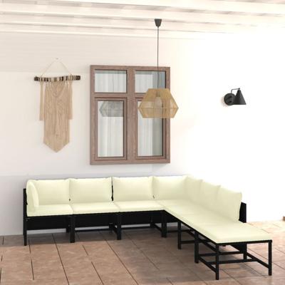 7-delige Loungeset met kussens poly rattan zwart