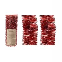 Kerstversiering set van 2x stuks folieslingers en 1x stuks kralenslingers rood - Kerstslingers