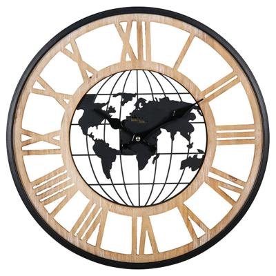 Ostaria Wandklok/muur klok - Wereldbol - D40 cm - MDF - zwart/naturel