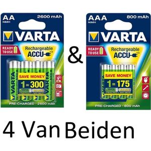 (4 Van Beiden) Varta AA & AAA oplaadbare batterijen Combi aanbieding 2600 mAh & 800 mAh