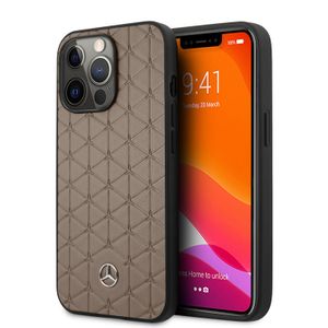 Mercedes - Lederen Quilted Stars backcover hoes - iPhone 13 Pro Max- Bruin + Lunso Tempered Glass