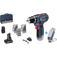 Bosch Professional GSR 12V-15 + GLI DeciLED Accu-schroefboormachine 12 V 2 Ah, 4 Ah Li-ion Incl. acculamp, Incl. 2 accus, Incl. accessoires, Incl. tas