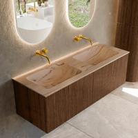Badmeubel Mondiaz Kurve-Dlux | 130 cm | Meubelkleur Walnut | Wastafelkleur Arena | Solid surface | Wasbak beide zijden spoelbak | Zonder kraangat(en)