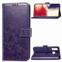 Lucky Clover ingedrukt bloemen patroon lederen case voor Galaxy A8s met houder & kaartsleuven & portemonnee & hand strap (paars)