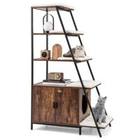 Kattenbakkast met Opbergruimte 2-In-1 Kattenmeubel 3 Planken Ladder Zij-Ingang Uitneembare Pluchen Mat Hoekplank voor Huisdieren