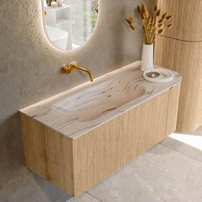 Badmeubel Mondiaz Kurve-Dlux | 115 cm | Meubelkleur Oak | Wastafelkleur Nata | Solid surface | Wasbak linker zijde spoelbak | Zonder kraangat(en)