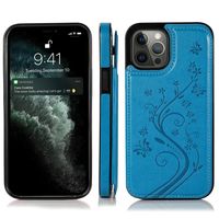 iPhone 12 Pro hoesje - Backcover - Pasjeshouder - Portemonnee - Bloemenprint - Kunstleer - Blauw