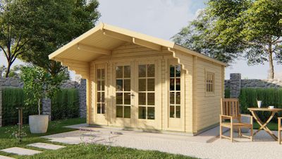 Tuindeco Inglund Blokhut 380x320 cm + luifel 150 cm 44 mm vuren blank- Zadeldak- Onbehandeld vurenhout- Tuindeco
