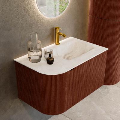 Badmeubel Mondiaz Kurve-Dlux | 75 cm cm | Meubelkleur Ruby | Wastafelkleur Frappe | Solid surface | Wasbak rechter zijde spoelbak | 1 kraangat