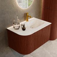 Badmeubel Mondiaz Kurve-Dlux | 75 cm cm | Meubelkleur Ruby | Wastafelkleur Frappe | Solid surface | Wasbak rechter zijde spoelbak | 1 kraangat