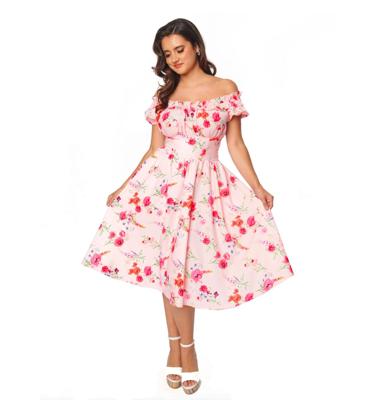 Unique Vintage Of the Shoulder Ruffle Swing Dress Floral Pink-XL
