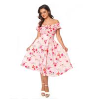 Unique Vintage Of the Shoulder Ruffle Swing Dress Floral Pink-XXL