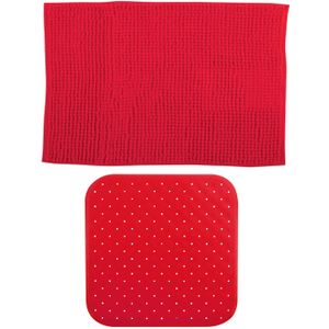 MSV Douche anti-slip mat en droogloop mat - Sevilla badkamer set - rubber/microvezel - rood