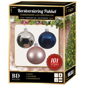 101 stuks Kerstballen mix zilver-roze-blauw voor 150 cm boom