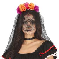 Halloween thema diadeem met bloemen en sluier - one size - zwart/oranje/roze - meisjes/dames