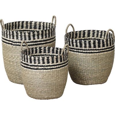 Set van 3 Manden - Zeegras - Wasmanden - Ronde Opbergmanden - Zwart - Naturel - Plantenmand - Tijdschriftenmand - Gewoven Manden - Natuurlijke look - Natuurlijk materiaal