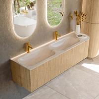 Badmeubel Mondiaz Kurve-Dlux | 165 cm | Meubelkleur Oak | Wastafelkleur Meli | Solid surface | Dubbel / Links spoelbak | 2 kraangaten Badmeubel Mondiaz Kurve-Dlux | 165 cm | Meubelkleur Oak | Wastafelkleur Meli | Solid surface | Dubbel / Links spoelbak | 2 kraangaten