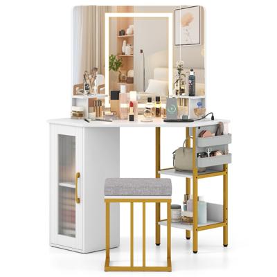 Kaptafel met Kruk Verlichting en Oplaadstation Hoekkaptafel met Driezijdige Spiegel