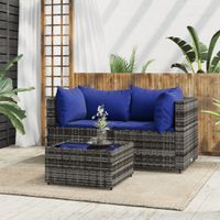 3-delige Loungeset met kussens poly rattan grijs - thumbnail