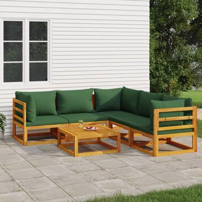 6-delige Loungeset met groene kussens massief hout