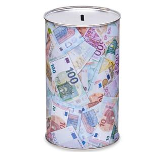 Spaarpot blik met heel veel euro biljetten - gekleurd - 10 x 17 cm