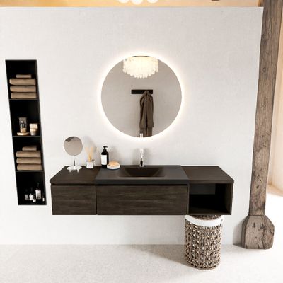 MONDIAZ BUKLA 160cm badmeubel met open module 40 rechts kleur Dark Brown met 2 lades. Wastafel CLOUD midden 1 kraangat kleur Urban.