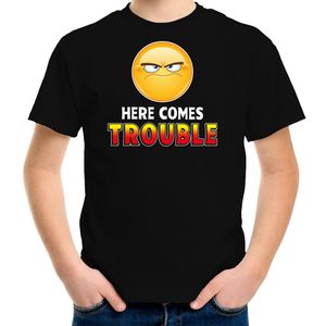 Here comes trouble funny emoticon shirt kids zwart XL (158-164)  -