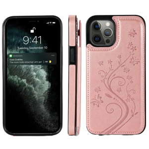 iPhone 16 Plus hoesje - Backcover - Pasjeshouder - Portemonnee - Bloemenprint - Kunstleer - Rose Goud